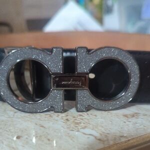 Salvatore Ferragamo Black Leather Belt with Silver Sparkle Gancini Buckle